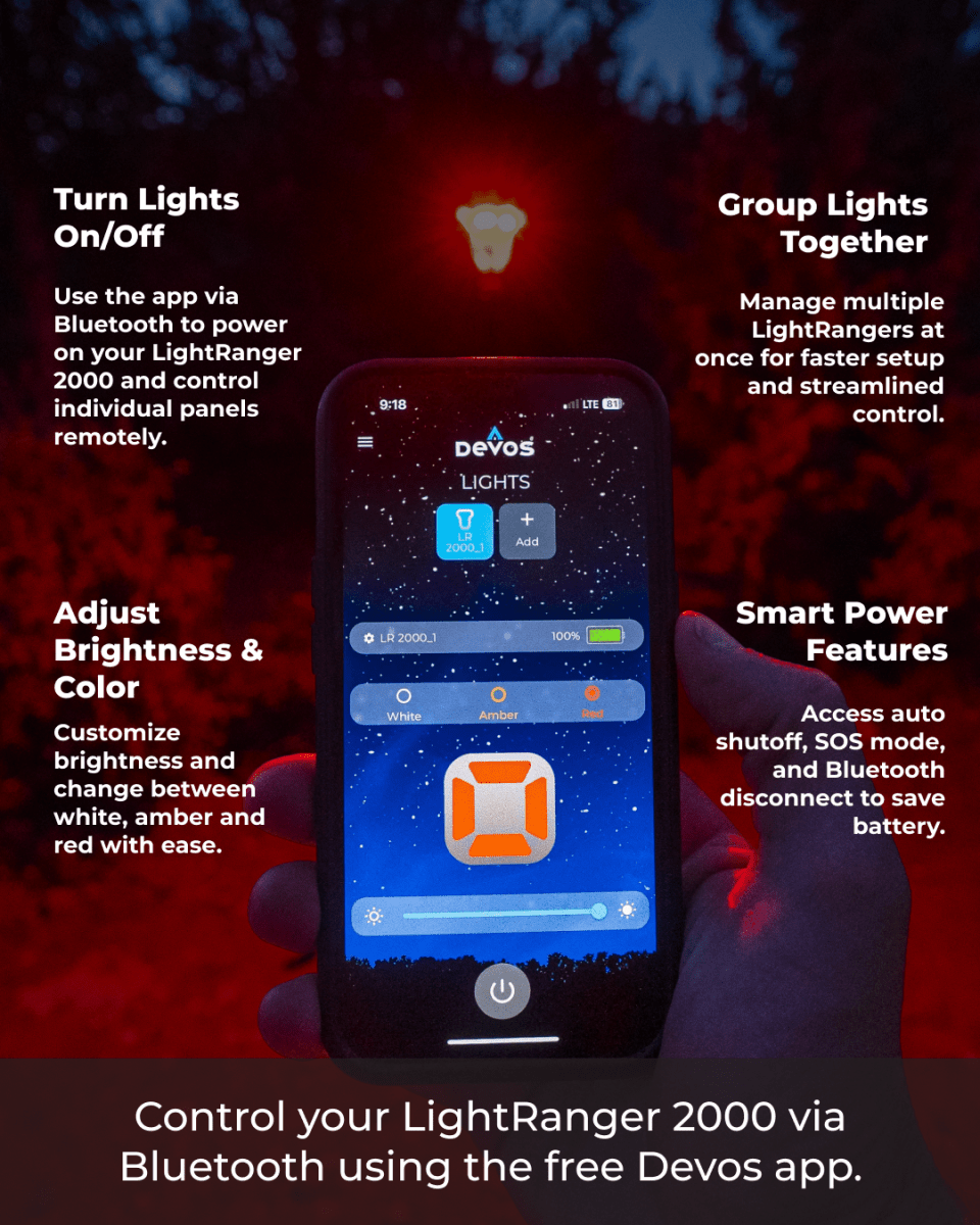 A person holds a smartphone displaying the Devos app interface, which shows controls for adjusting brightness, color, and power features of the LightRanger 2000 lantern. In the background, a lit lantern illuminates a dark outdoor setting.