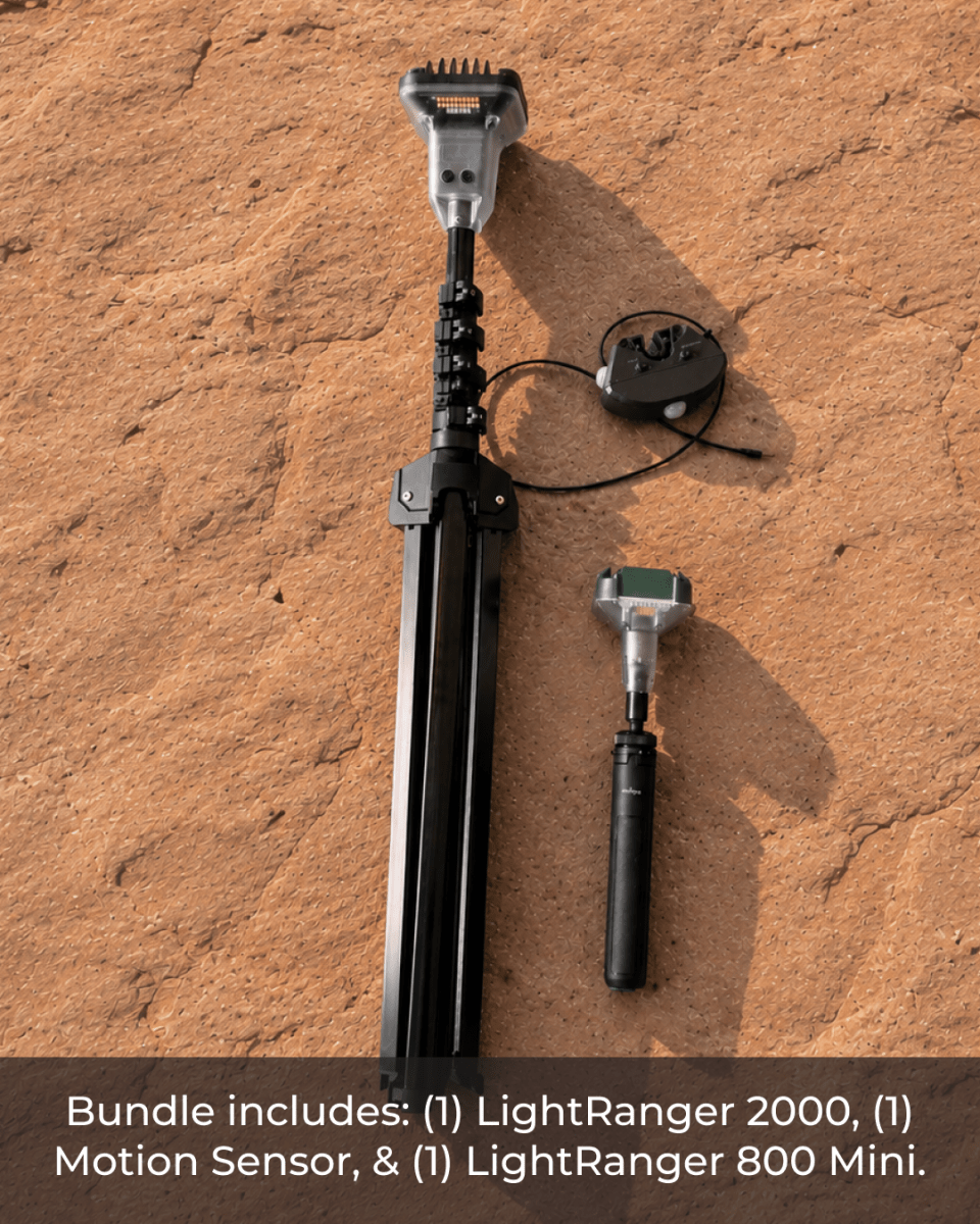 An image shows the Ultimate Freedom Bundle, featuring a telescoping LED lantern, the LightRanger 2000, alongside a smaller LightRanger 800 Mini and a motion sensor.