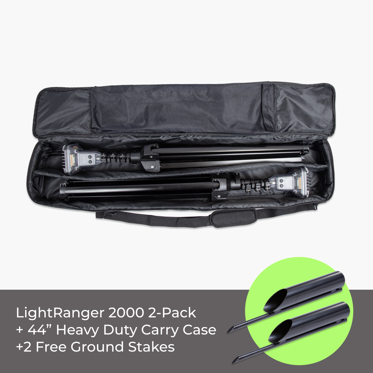 LightRanger 2000 2-Pack with 44" Heavy Duty Carry Case and Free Ground Stakes on a white background
